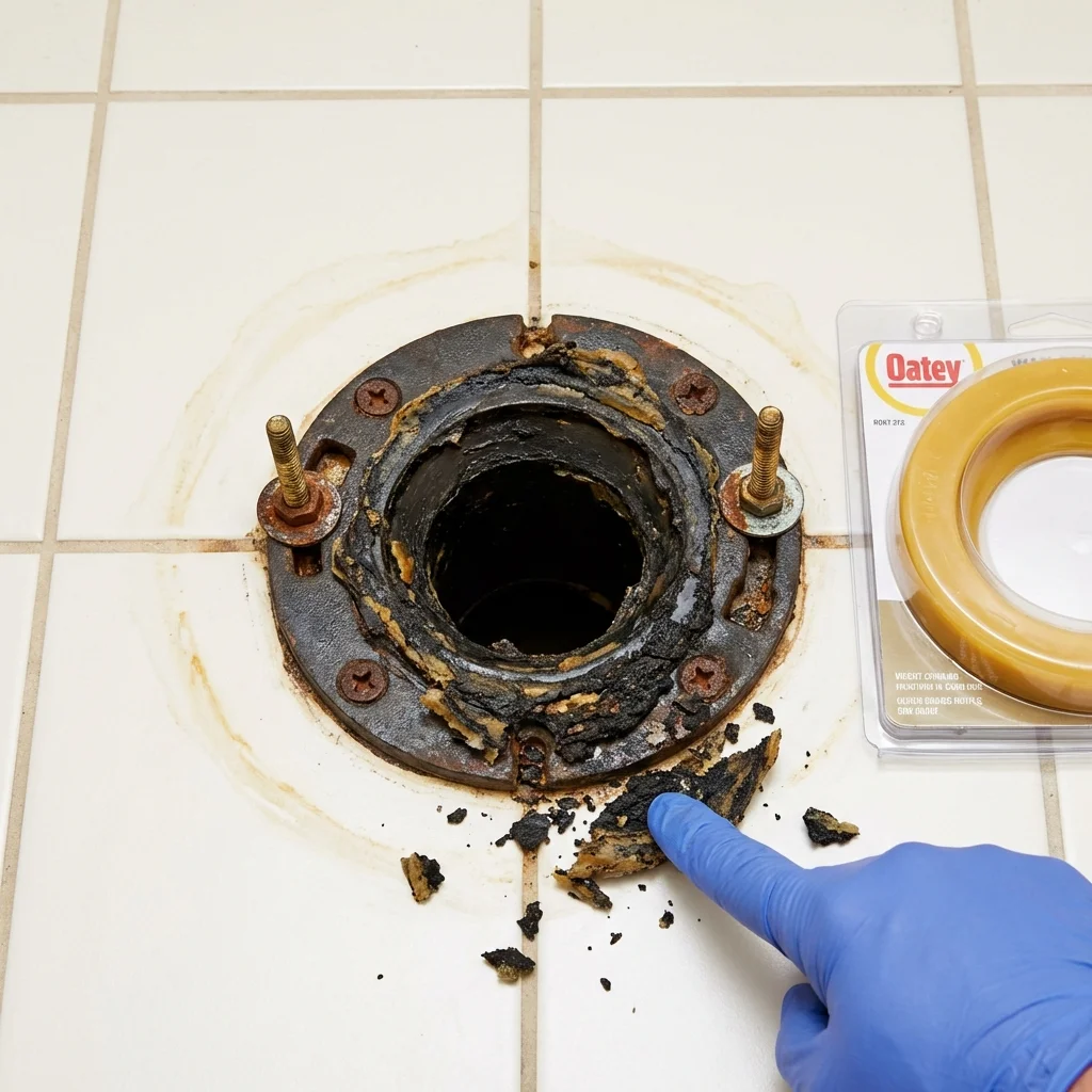 Failed wax ring showing water seepage at the base of a toilet in a Perry, OH home