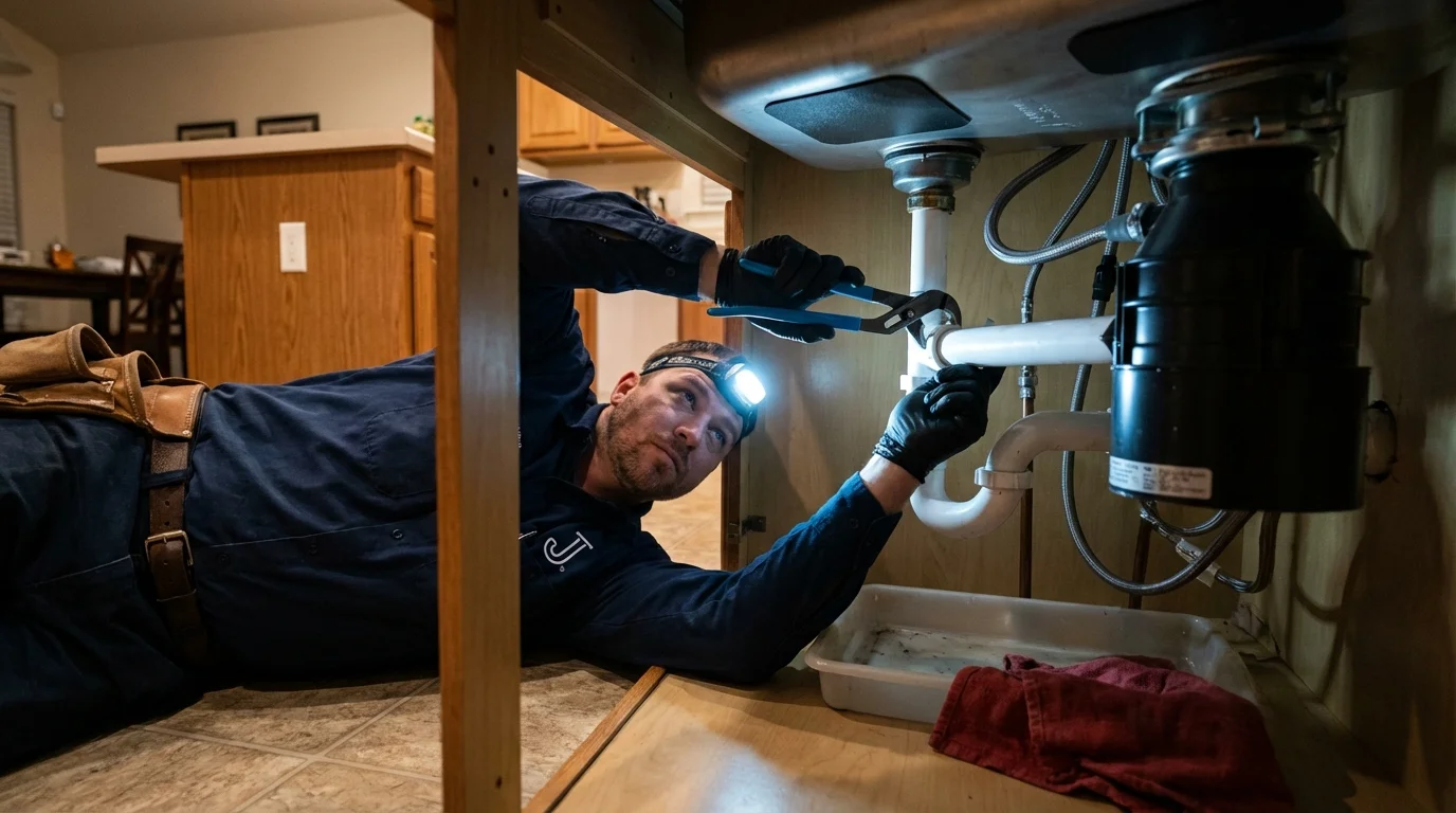 P-trap and supply line connections under a kitchen sink showing a common leak point in Perry, OH